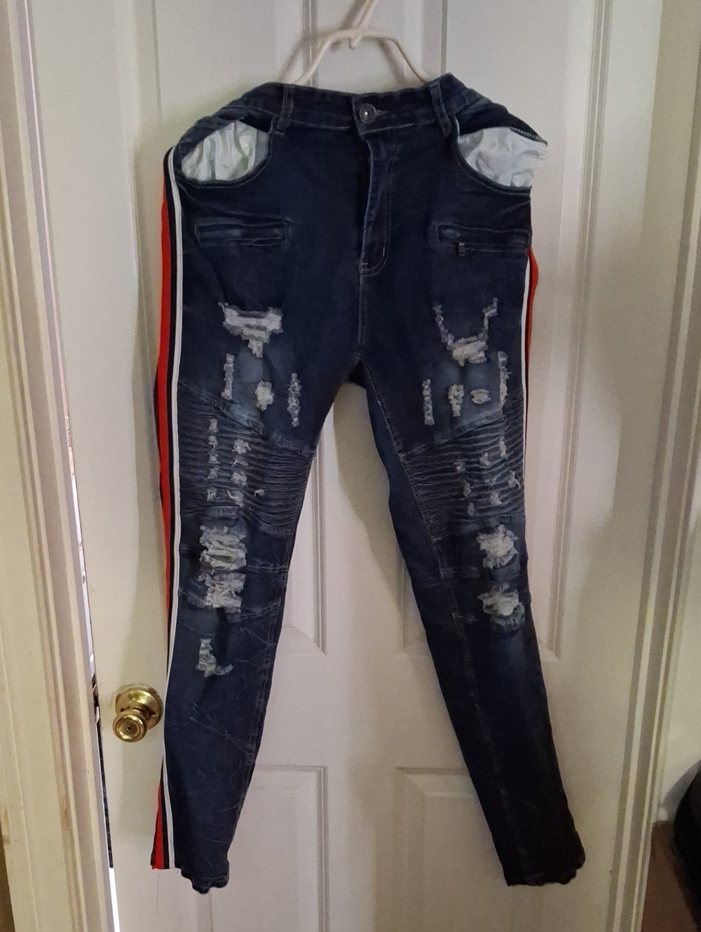 Skinny Distressed Dark Blue Jeans with Red Side Stripe